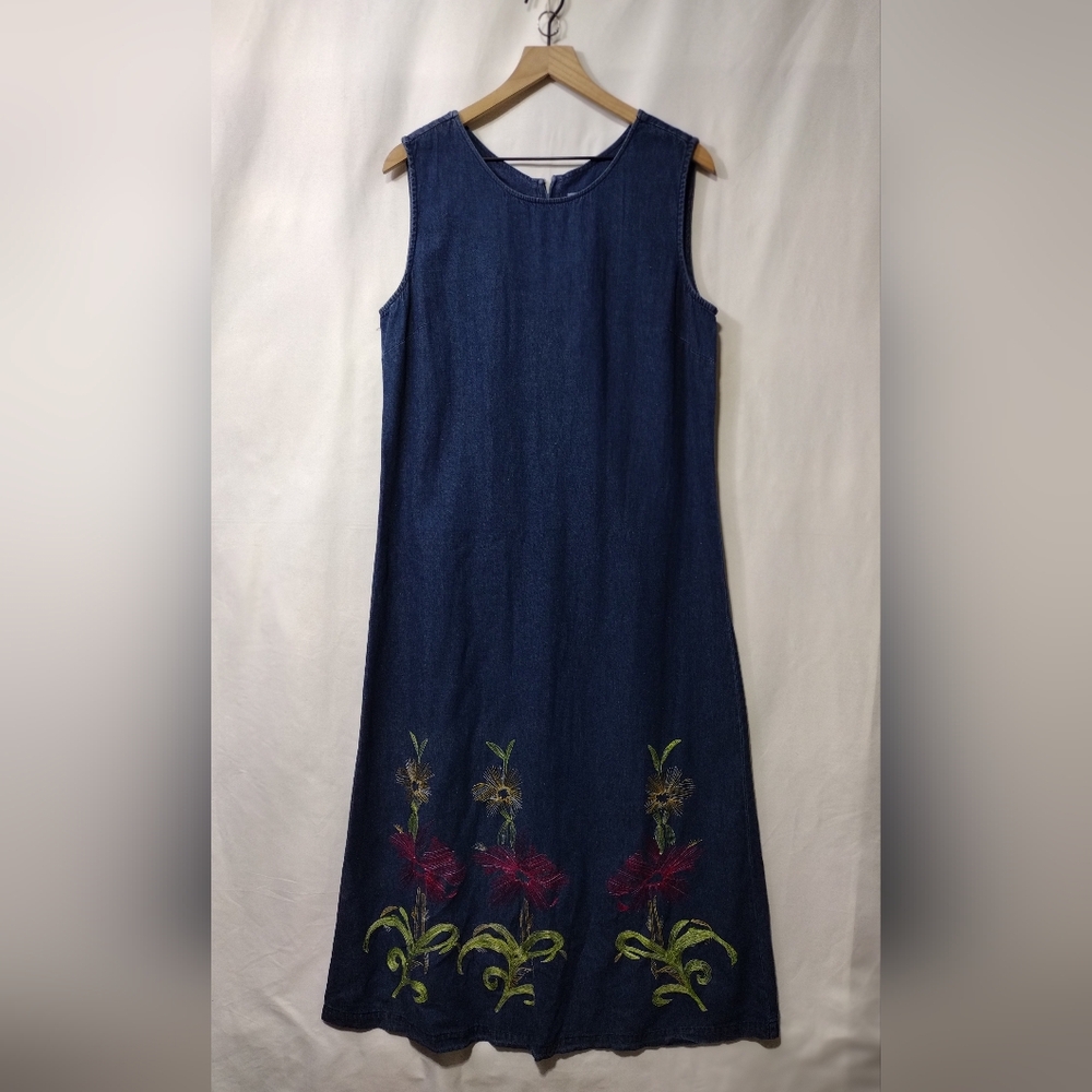 NWT Vintage 1990s Sarin Embroidered Floral Sleeveless Denim Maxi Dress Women's L